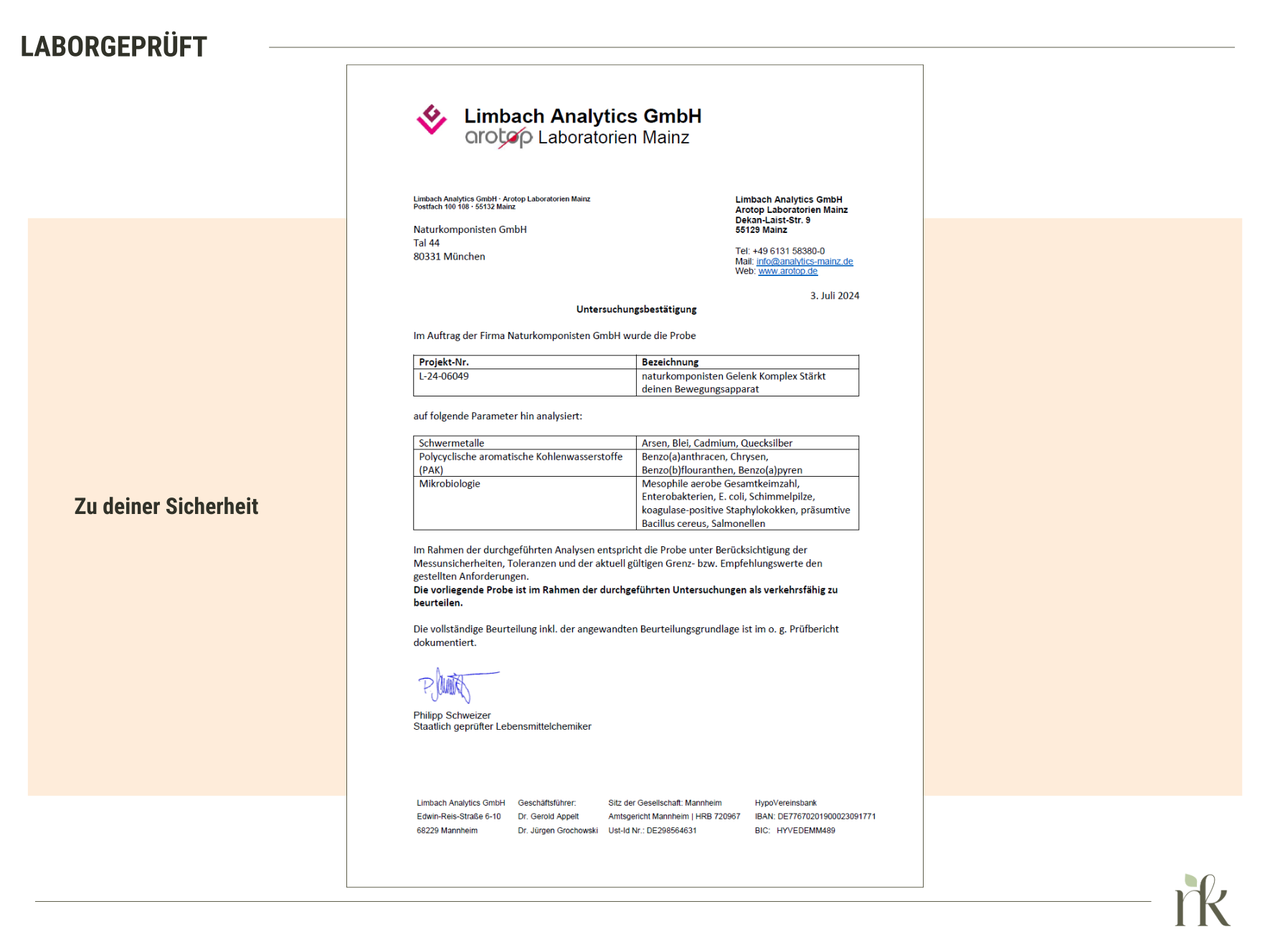 Laboranalyse und Untersuchungsbestätigung für unseren Immun Komplex. Keine Schwermetalle oder andere Schadstoffe