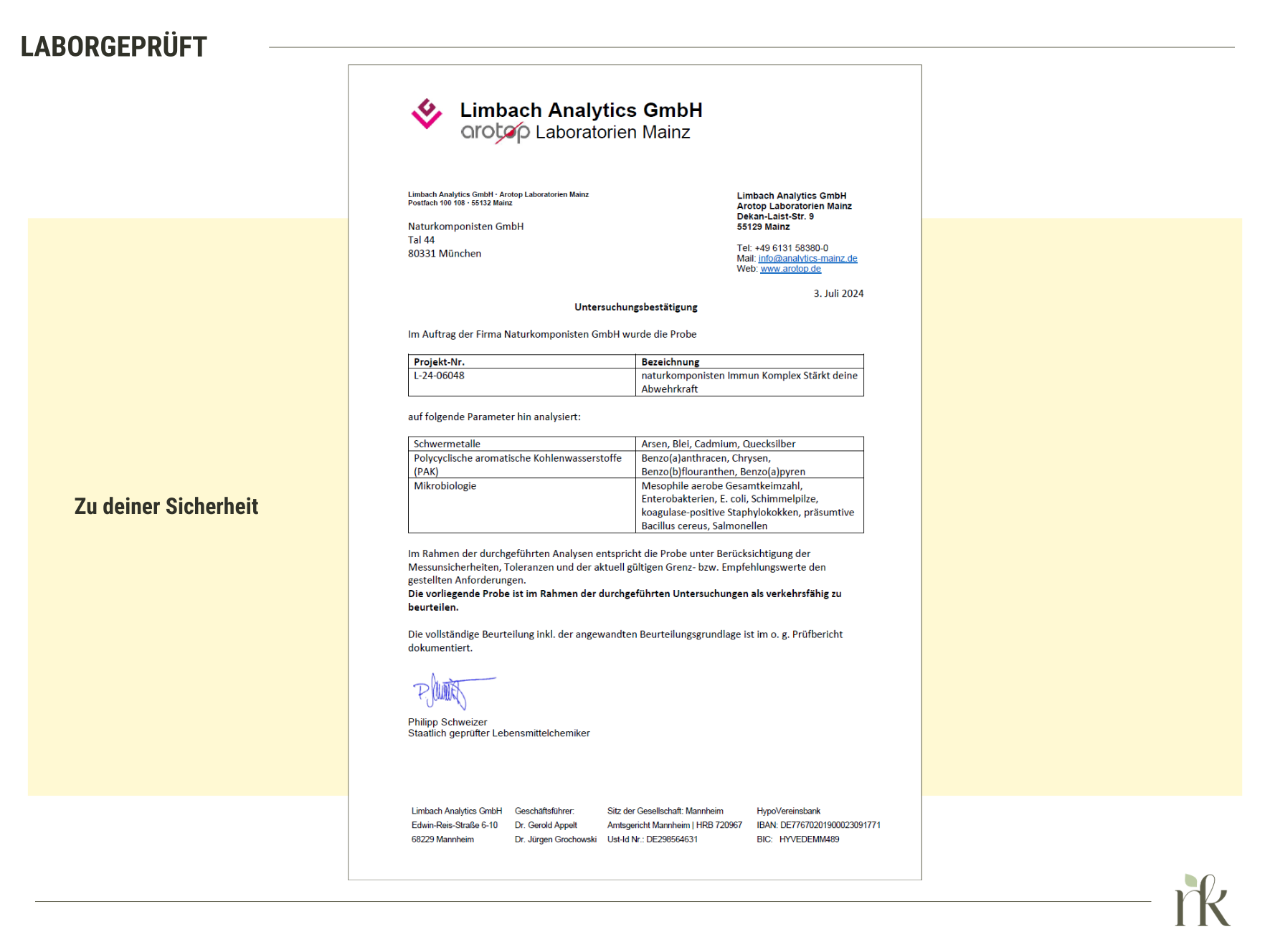 Laboranalyse und Untersuchungsbestätigung für unseren Immun Komplex. Keine Schwermetalle oder andere Schadstoffe