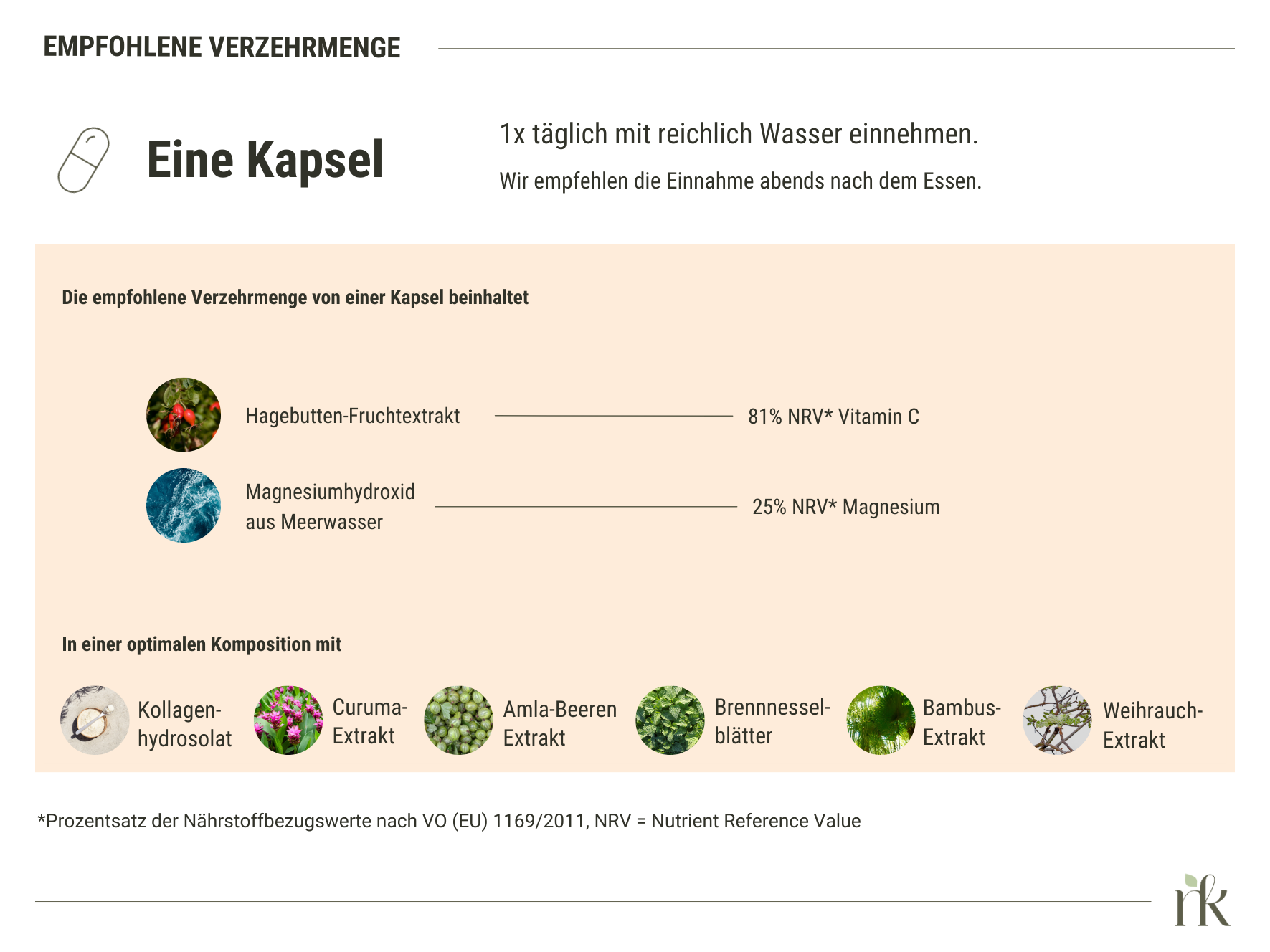 Unser Gelenk Komplex besteht aus Hagebutte, Magnesium aus Meerwasser, Kollagen, Curcuma, Amla-Beere, Brennnessel, Bambus, Weihrauch