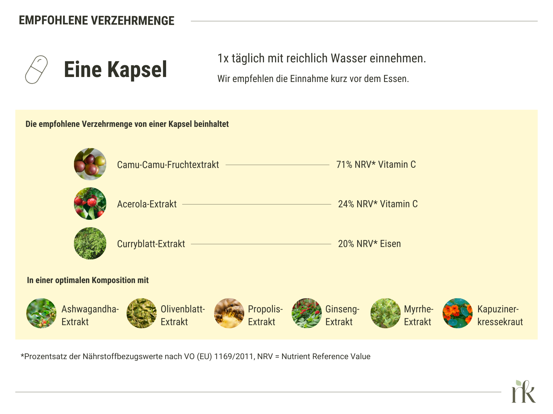 Unser Immun Komplex besteht aus Camu Camu, Acerola, Curryblatt, Ashwagandha, Olivenblatt, Propolis, Ginseng, Myrrhe, Kapuzinerkressekraut und enthält somit ebenfalls wertvolle sekundäre Pflanzenstoffe