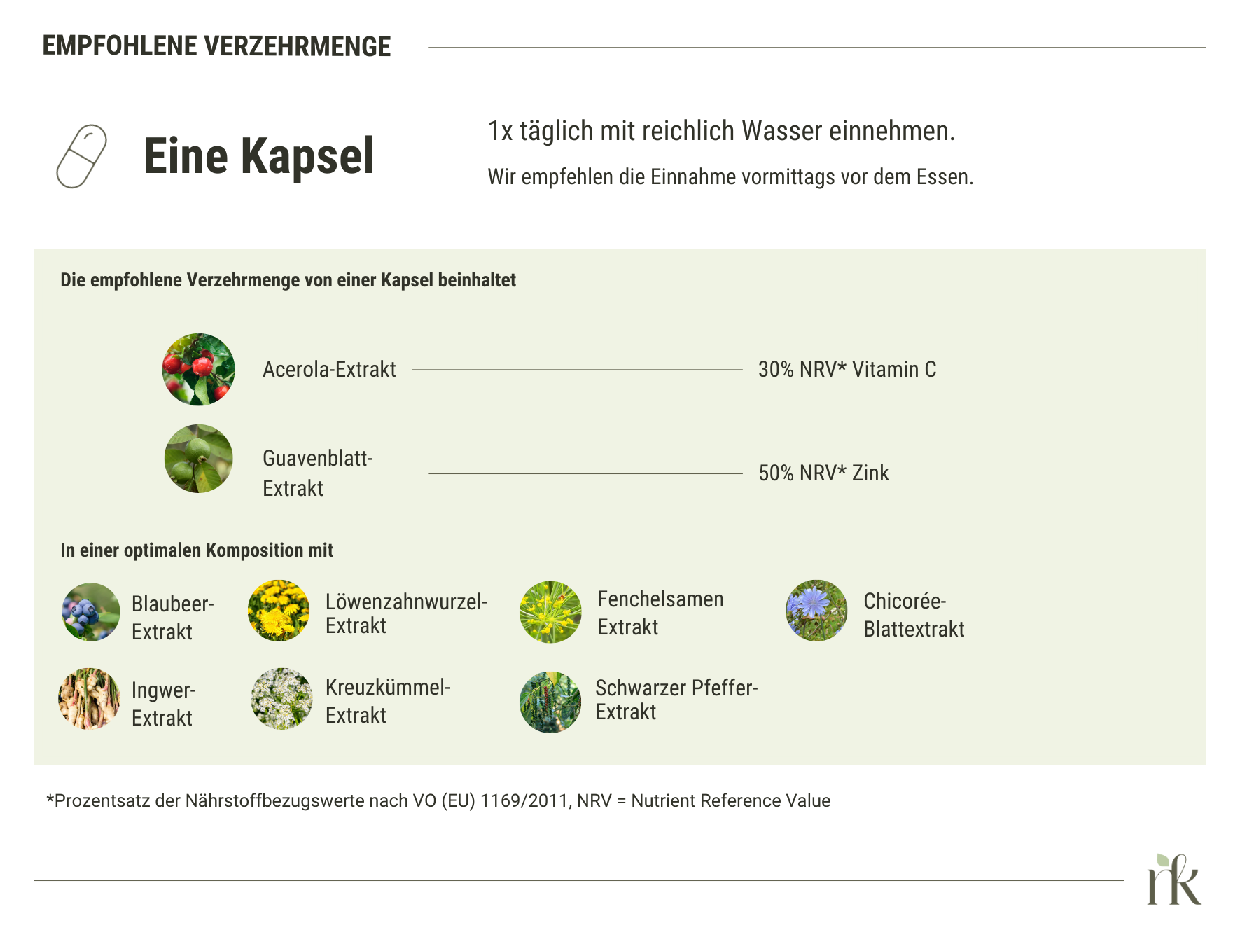 Unsere Tabletten enthalten Acerola, Guavenblatt, Blaubeere, Löwenzahnwurzel, Fenchelsamen, Chicorée, Ingwer, Kreuzkümmel, Schwarzer Pfeffer. Verzehrempfehlung ist eine Kapsel